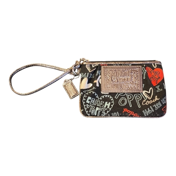 Coach Poppy Heart Wristlet Black Gold Metallic Canvas Original And Limited - Picture 1 of 13